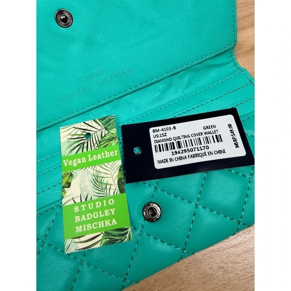 Studio Badgley Mischka Wallet Womens OS Green Teal Diamond Quilted Vegan Leather
